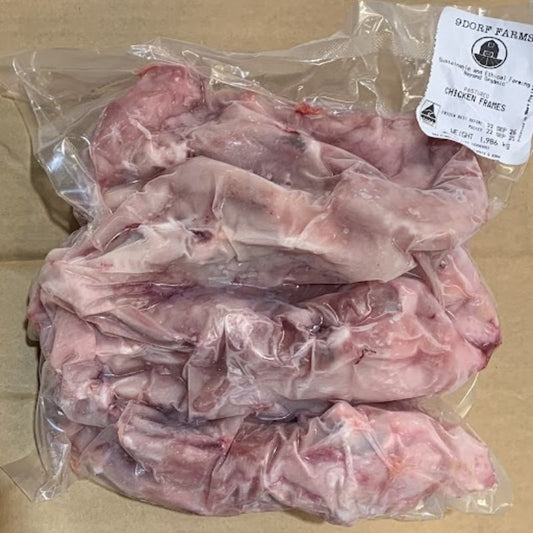 packet of frozen pastured organic chicken frames from 9Dorf Farms
