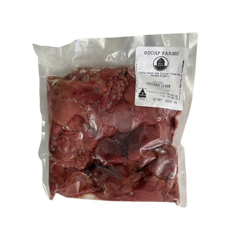 Package of frozen chicken livers from 9Dorf organic pastured farm