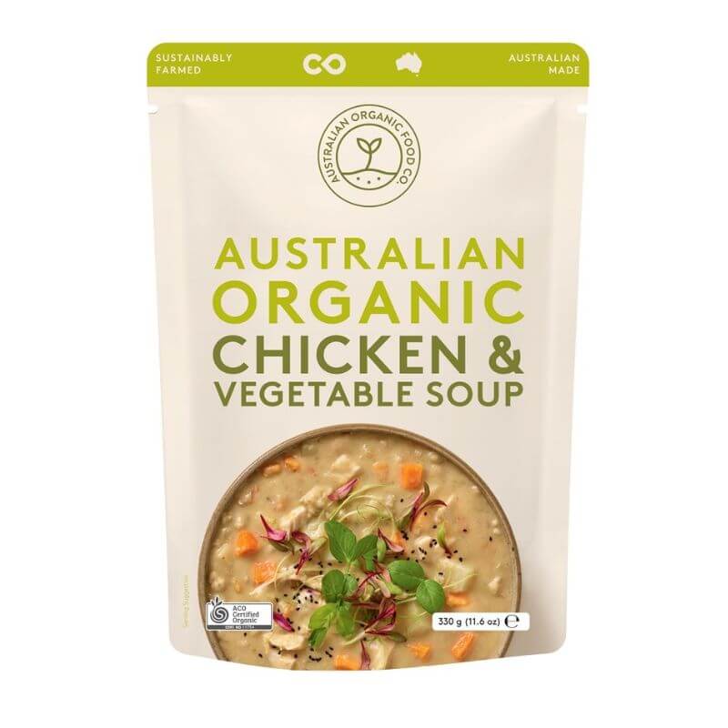 Package of Australian Organic Chicken & Vegetable Soup with visible branding on a white background