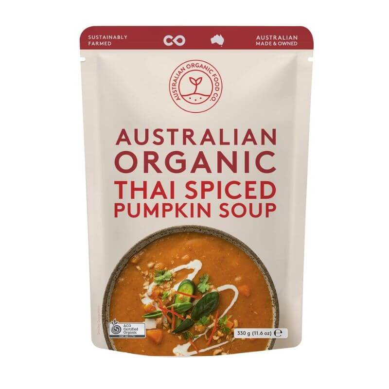 Package of Australian Organic Thai Spiced Pumpkin Soup with a red label