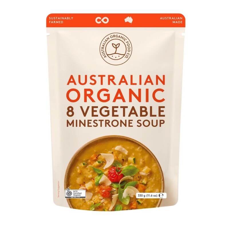 Package of Australian Organic 8 Vegetable Minestrone Soup with visible branding on a white background