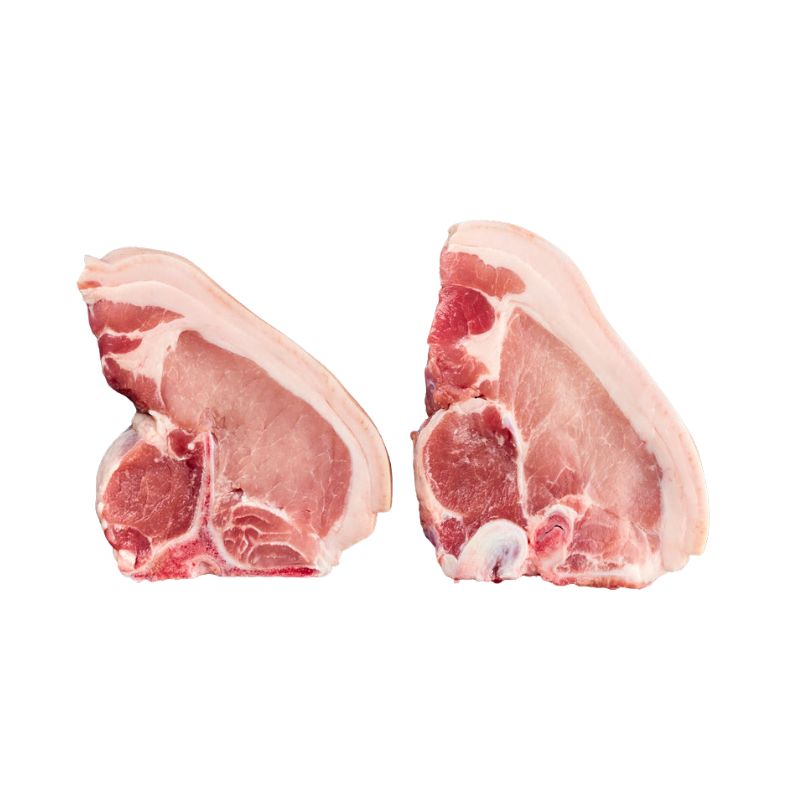 Two raw pork chops from Belvedere Farms regeneratively farmed and pasture raised pigs