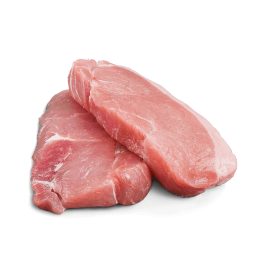 Two pieces of raw pork rump steak from pastured raised pigs at Belvedere Farms