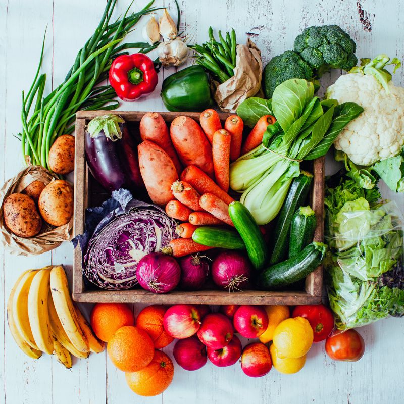 Organic fruit and vegetables in a crate