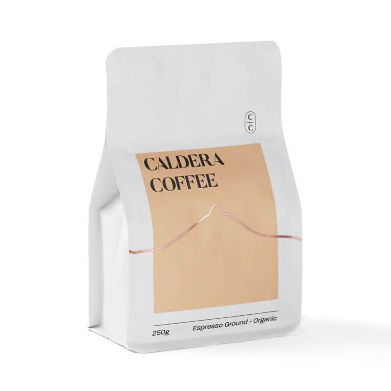 Coffee package with 'Caldera Coffee' which is single origin and certified organic