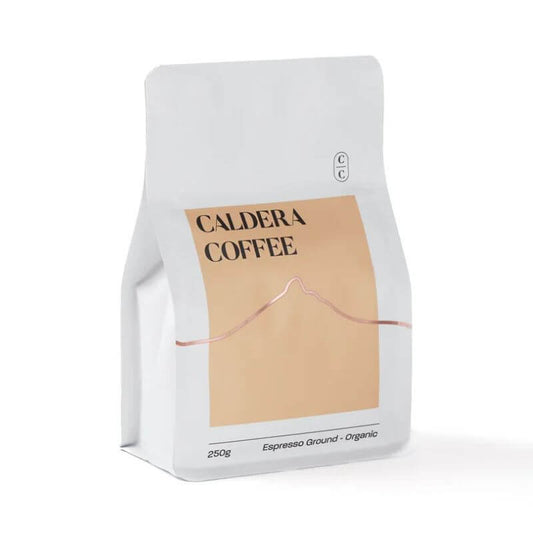 Coffee package with 'Caldera Coffee' which is single origin and certified organic
