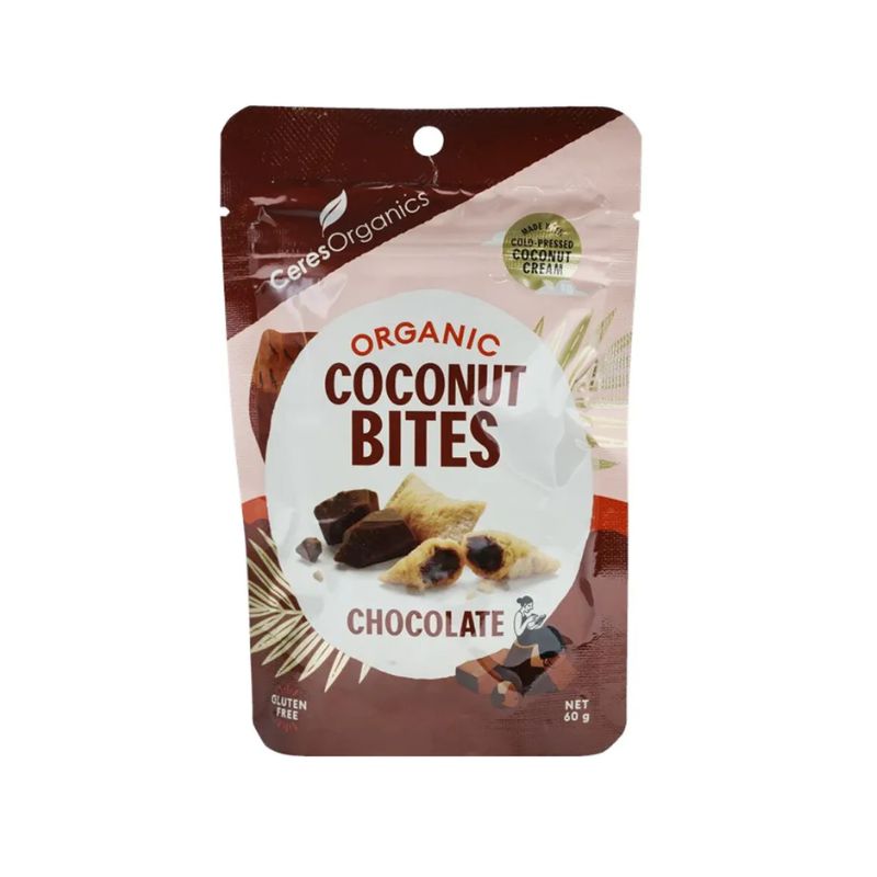 a packet of ceres organic coconut bites chocolate flavour perfect for lunchboxes