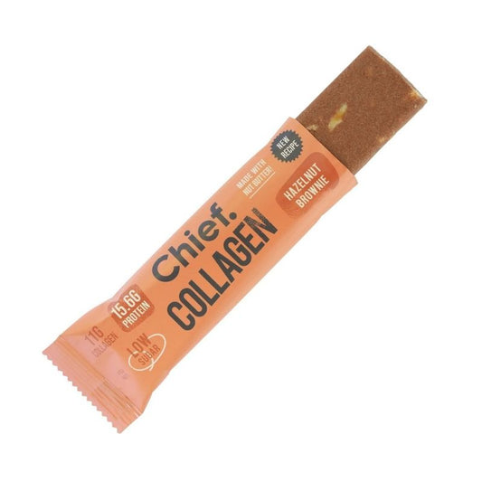 A chief hazelnut brownie collagen bar containing aussie collagen peptides and clean ingredients
