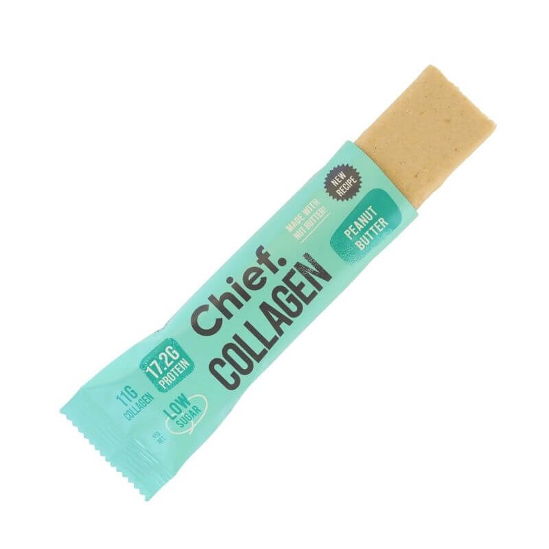 A chief cashew and peanut butter shortbread collagen bar containing aussie collagen peptides and clean ingredients