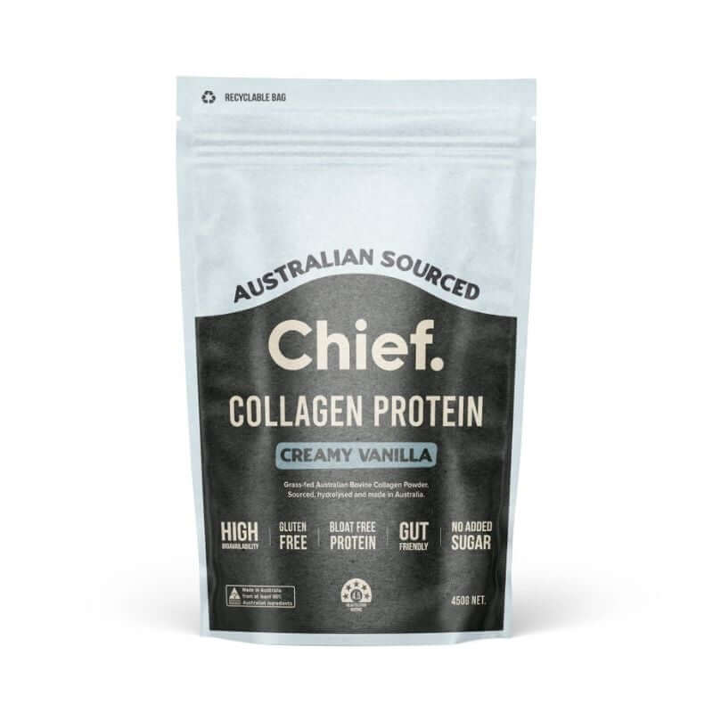 A package of Chief Australian sourced Collagen Protein that is creamy vanilla flavoured