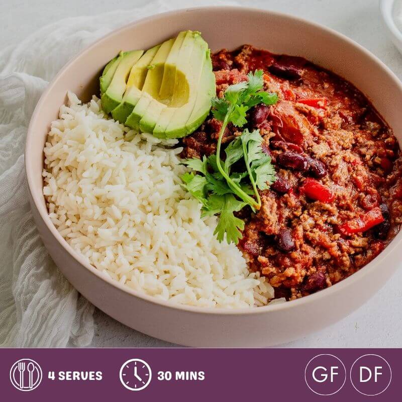 a hearty bowl of chilli con carne made from organic capsicums and regeneratively farmed beef mince