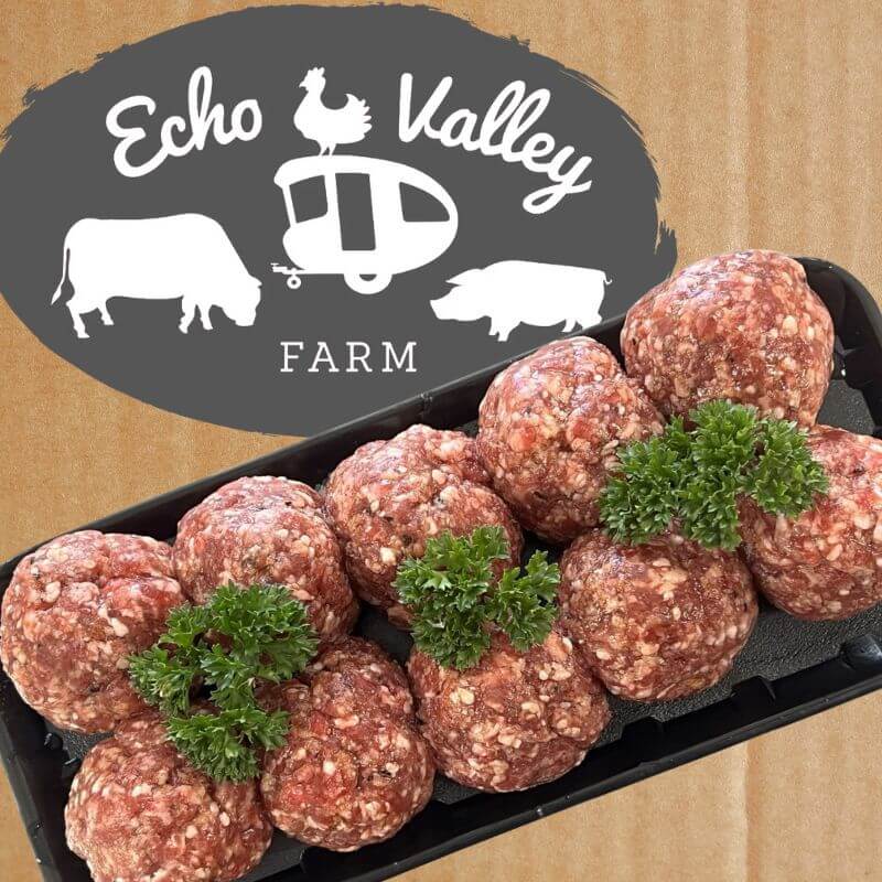 echo valley farm meatballs on a tray from regeneratively farmed cattle and made with no preservatives