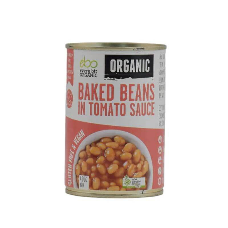 Can of every bit organic gluten free baked beans in tomato sauce