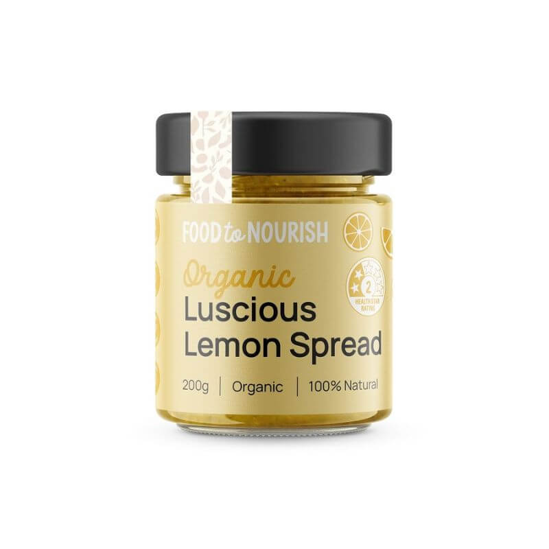 Jar of Organic Luscious Lemon Spread on a white background