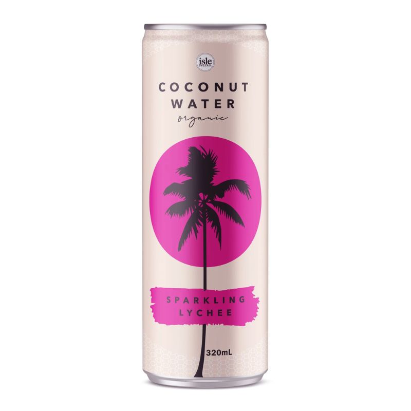 Can of Isle Organic Coconut Water fizzy bubbly Lychee flavoured water 320ml