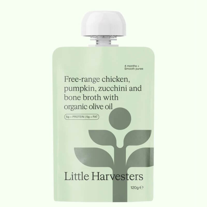 Little Harvesters baby food pouch that contains free range chicken and organic ingredients
