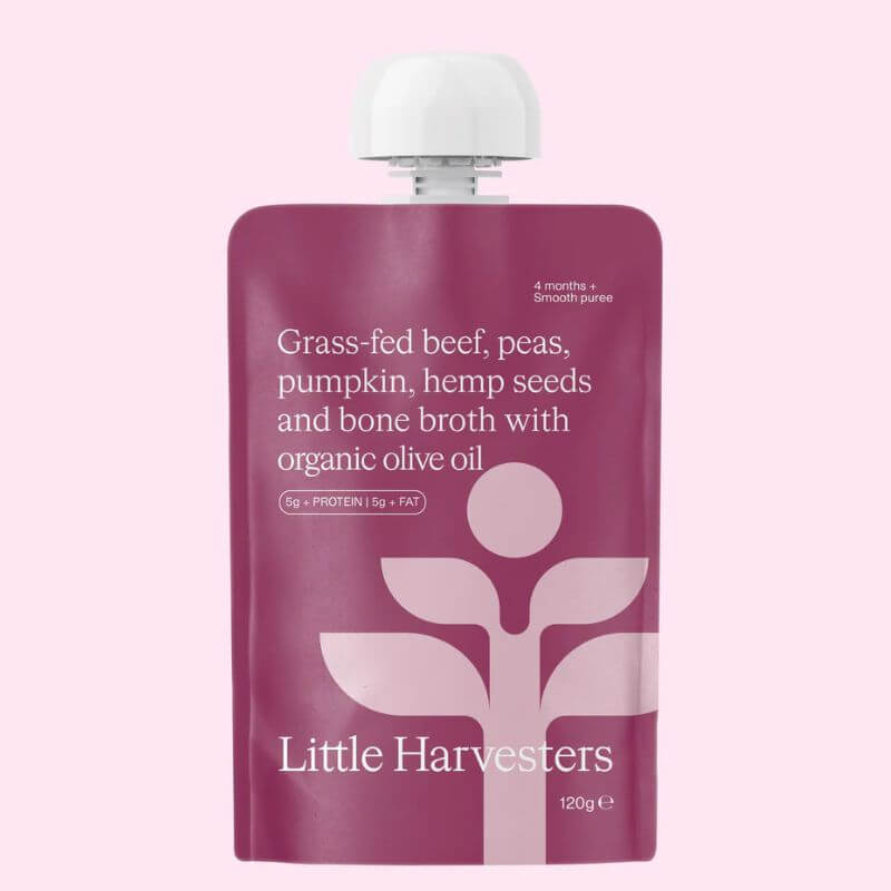 Little Harvesters Baby Food pouch that contains grass-fed beef and organic ingredients