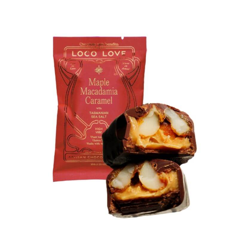 Loco Love certified organic maple macadamia caramel chocolate bar