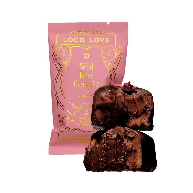 A loco love packet of vegan organic wild rose ganache chocolate