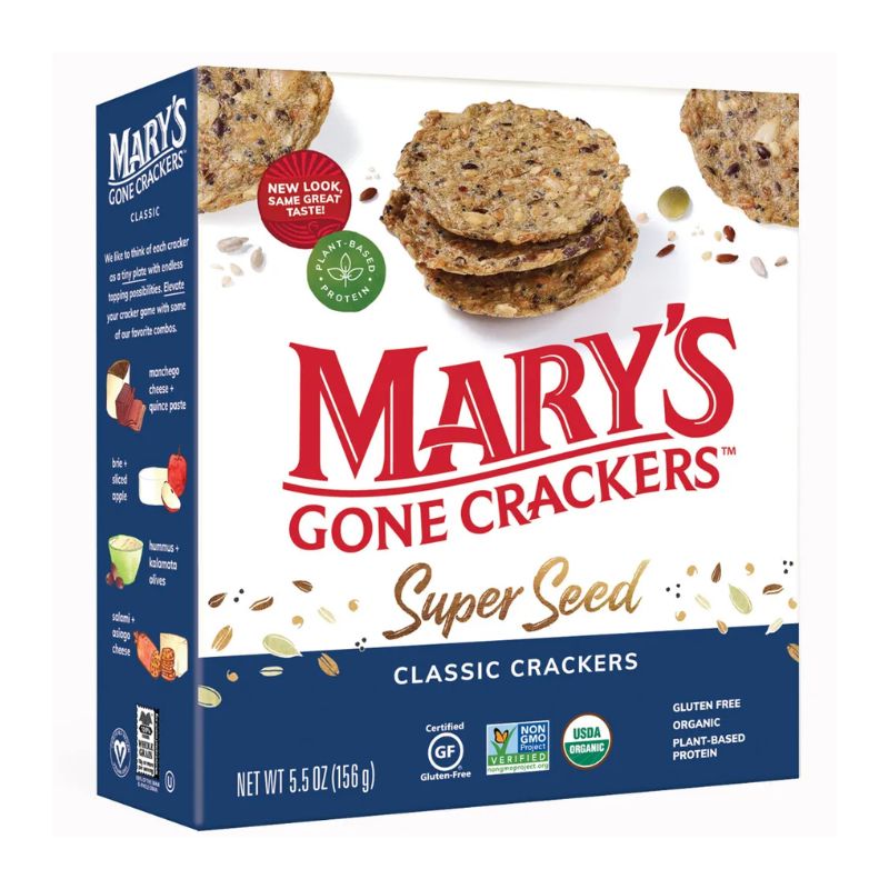 a box of mary's gone crackers super seed gluten free organic crackers