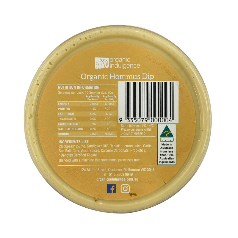 Spray Free Organic Groceries home delivered in Brisbane and Gold Coast Organic Indulgence Hommus Dip