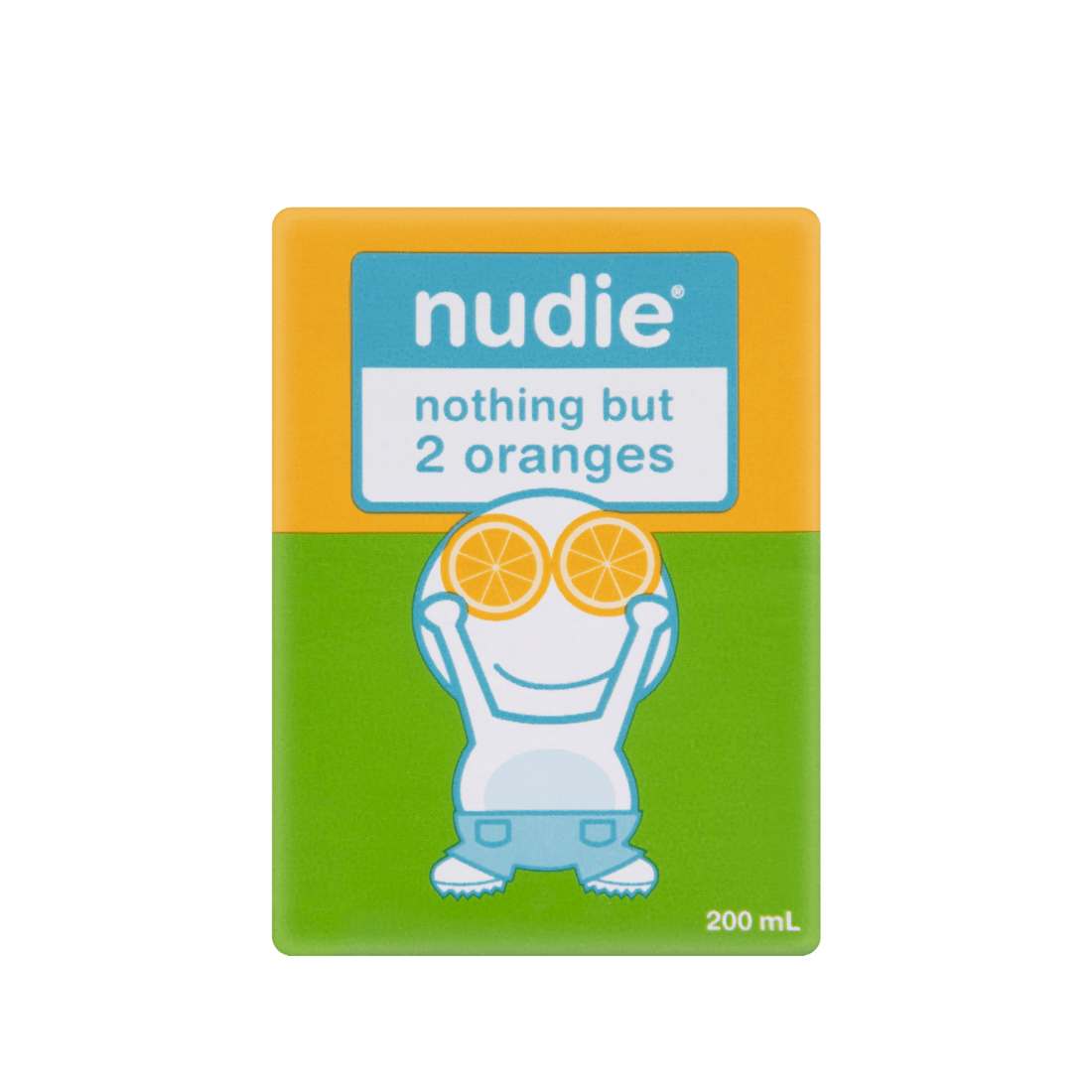 Nudie juice box packaging with 'nothing but 2 oranges' 100% orange juice