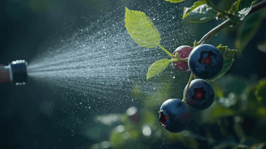 Blueberries growing on the bush with water misting over leaves, highlighting fresh organic fruit grown for organic fruit delivery in Brisbane.