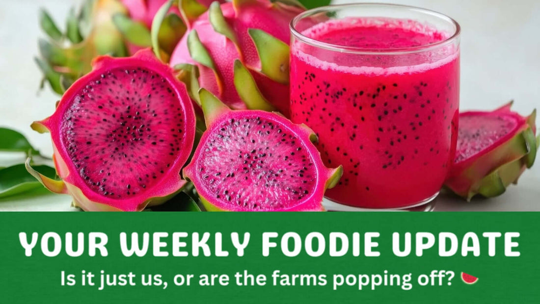 Fresh dragon fruit and a glass of dragon fruit juice on a table, used as a featured image for a blog about organic food and seasonal produce in Brisbane