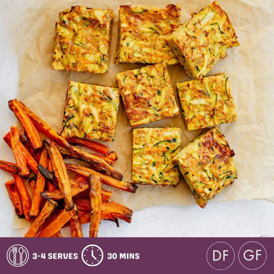 Baked zucchini slice squares served with sweet potato fries, made with organic vegetables and suitable for organic organic food delivery in Brisbane