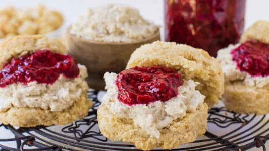 Macadamia Scones with Raspberry Chia Jam and Macadamia cream