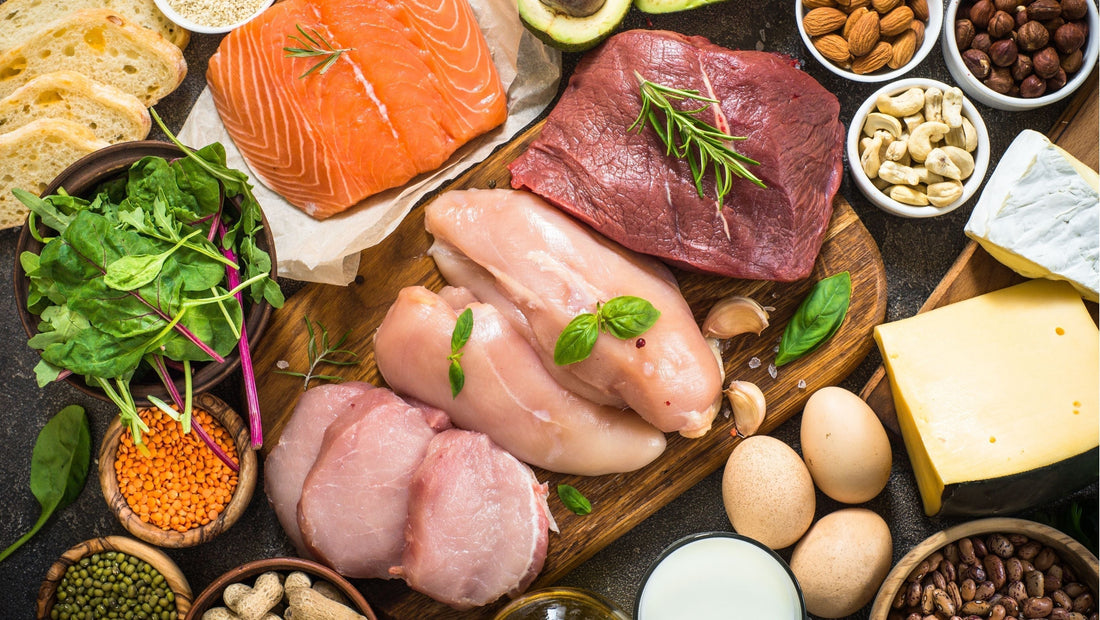 Various sources of healthy protein including pasture-raised chicken, grass-fed beef, pastured eggs, wild-caught salmon, nuts and legumes 