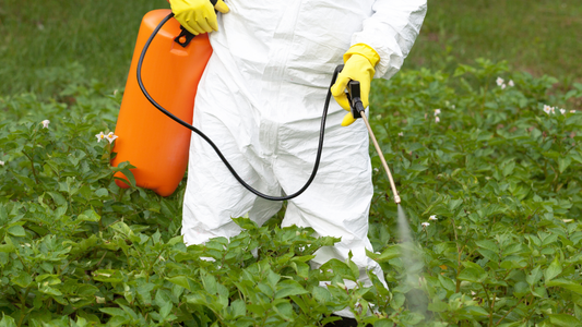 Person in hazmat suit spraying herbicides and pesticides on crops