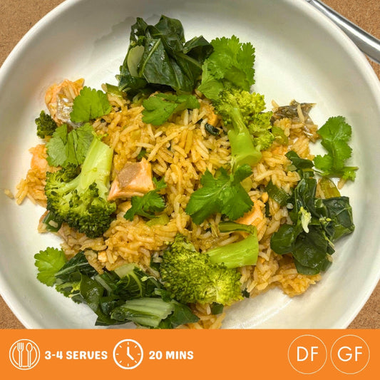 Salmon with Ginger & Garlic Rice + Asian Greens