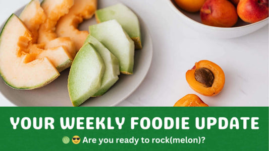 Sliced melon and stone fruit arranged on plates, used as a featured image for a weekly food update blog post.