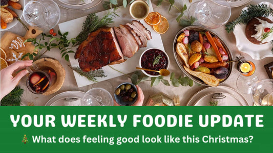 A festive table set with roasted meat, vegetables, and shared dishes, used as a featured image for a weekly food update blog post about Christmas meals