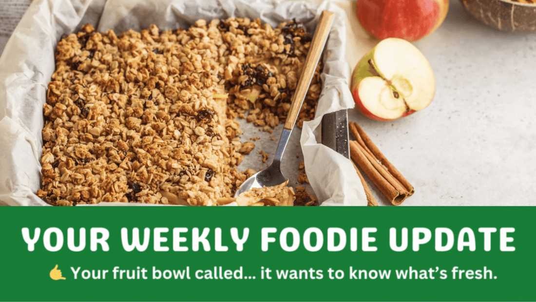 Apple crumble made with Braeburn apples, shown with fresh apples and spices for a weekly food update about seasonal fruit.