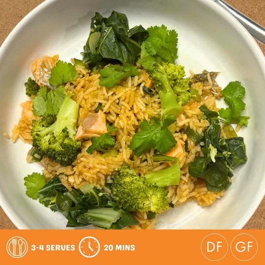 Salmon with Ginger & Garlic Rice + Asian Greens