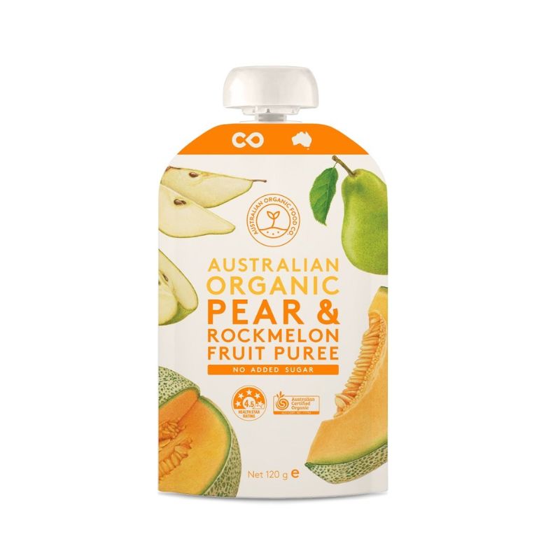 Australian Organic Pear & Rockmelon Fruit Puree packaging on a white background