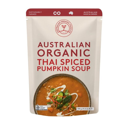 Package of Australian Organic Thai Spiced Pumpkin Soup with a red label