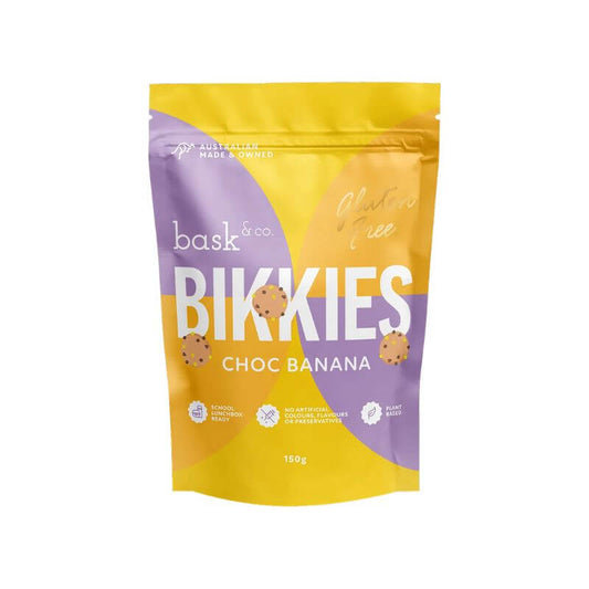 a pack of bask and co gluten free choc banana bikkies