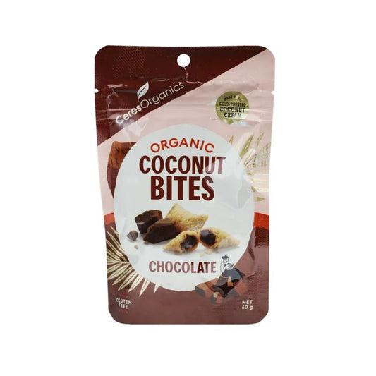 a packet of ceres organic coconut bites chocolate flavour perfect for lunchboxes