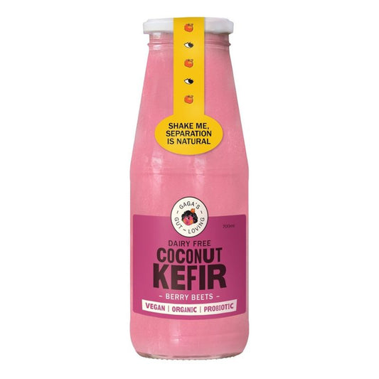 a bottle of Gaga's Gut Loving Berry Beets Natural Coconut Kefir