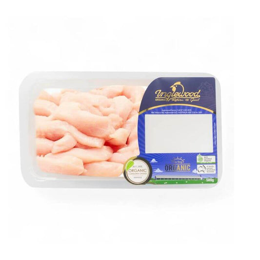 a pack of organic chicken stir fry strips from inglewood chicken