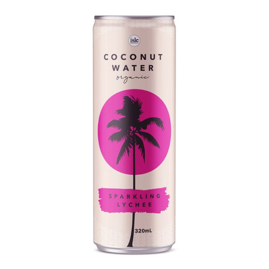 Can of Isle Organic Coconut Water fizzy bubbly Lychee flavoured water 320ml