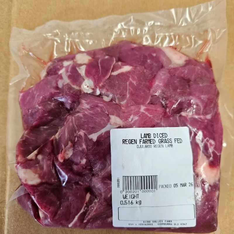 a pack of regeneratively farmed grass fed diced lamb