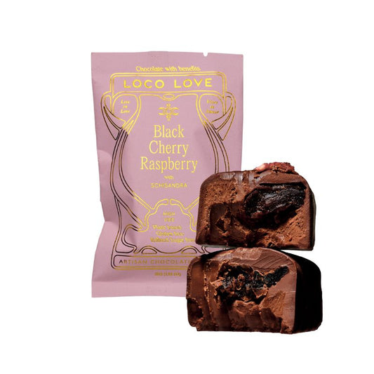 A loco love packet of vegan organic black cherry raspberry chocolate