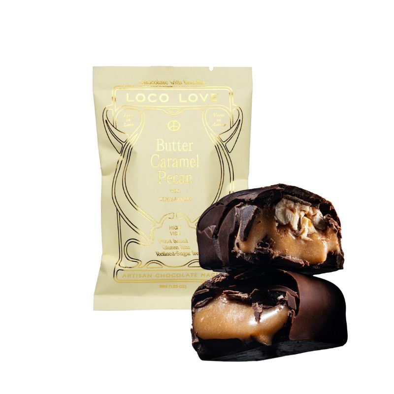 A loco love packet of vegan organic butter caramel pecan chocolate