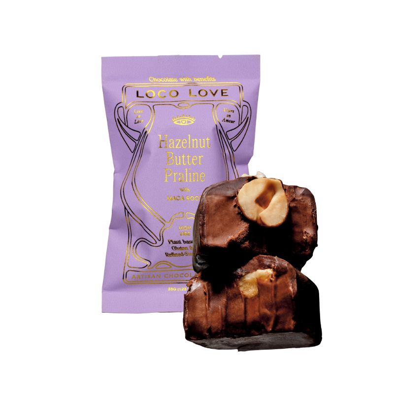 A loco love packet of vegan organic hazelnut butter praline chocolate