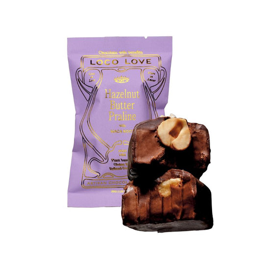 A loco love packet of vegan organic hazelnut butter praline chocolate
