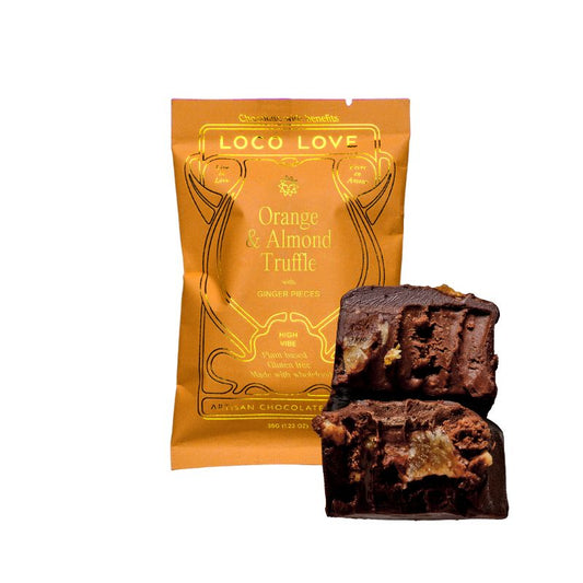 Orange and Almond Truffle chocolate bar from loco love that is vegan and organic